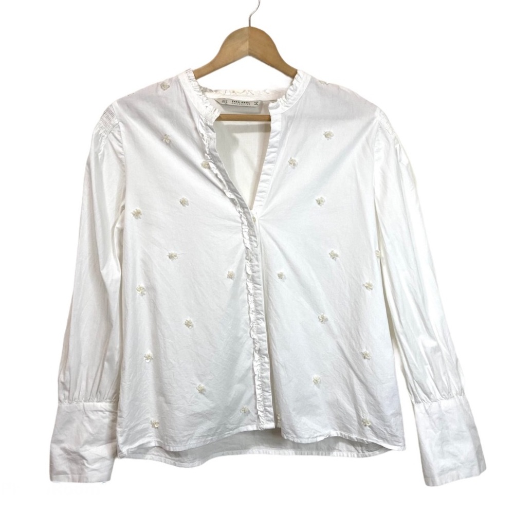 ZARA Button Up Blouse Sequin Bead Cluster Detail L